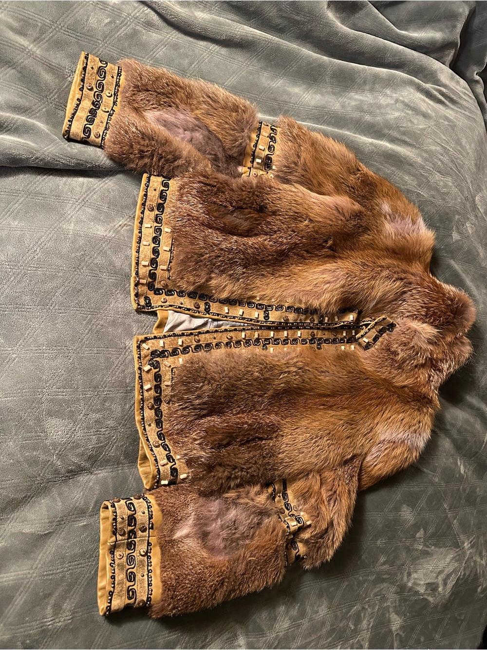 Luxurious Tan Fox Fur Jacket with Embellished Trim - Picture 9 of 11